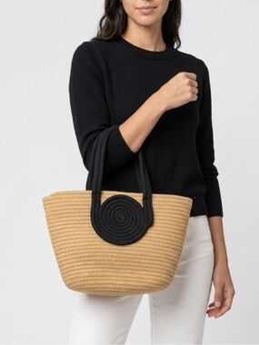 Woven Straw Tote with Black Accent - Neutral/Black